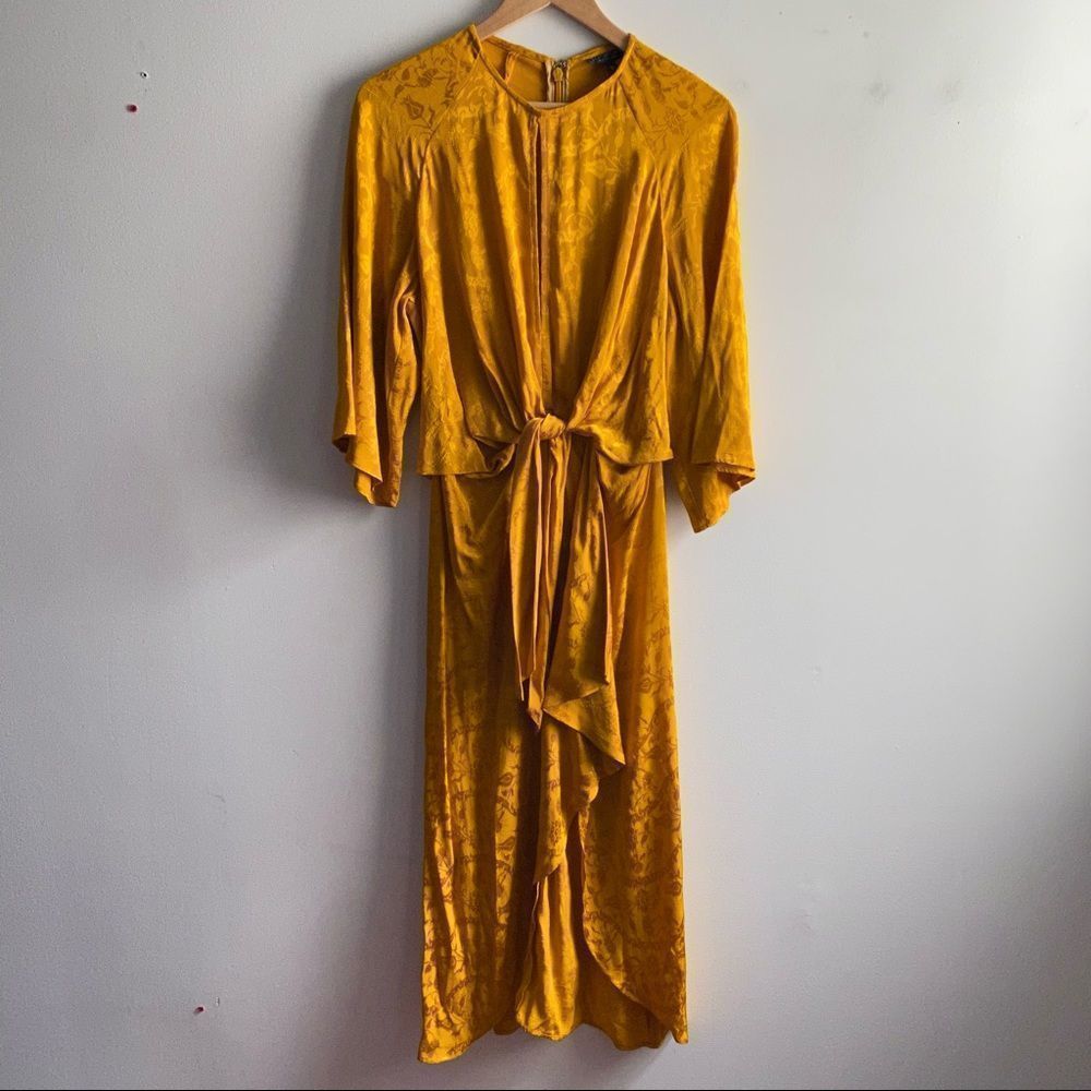 TOPSHOP gold floral satin tie front keyhole kimono sleeve faux wrap midi dress - Picture 2 of 11